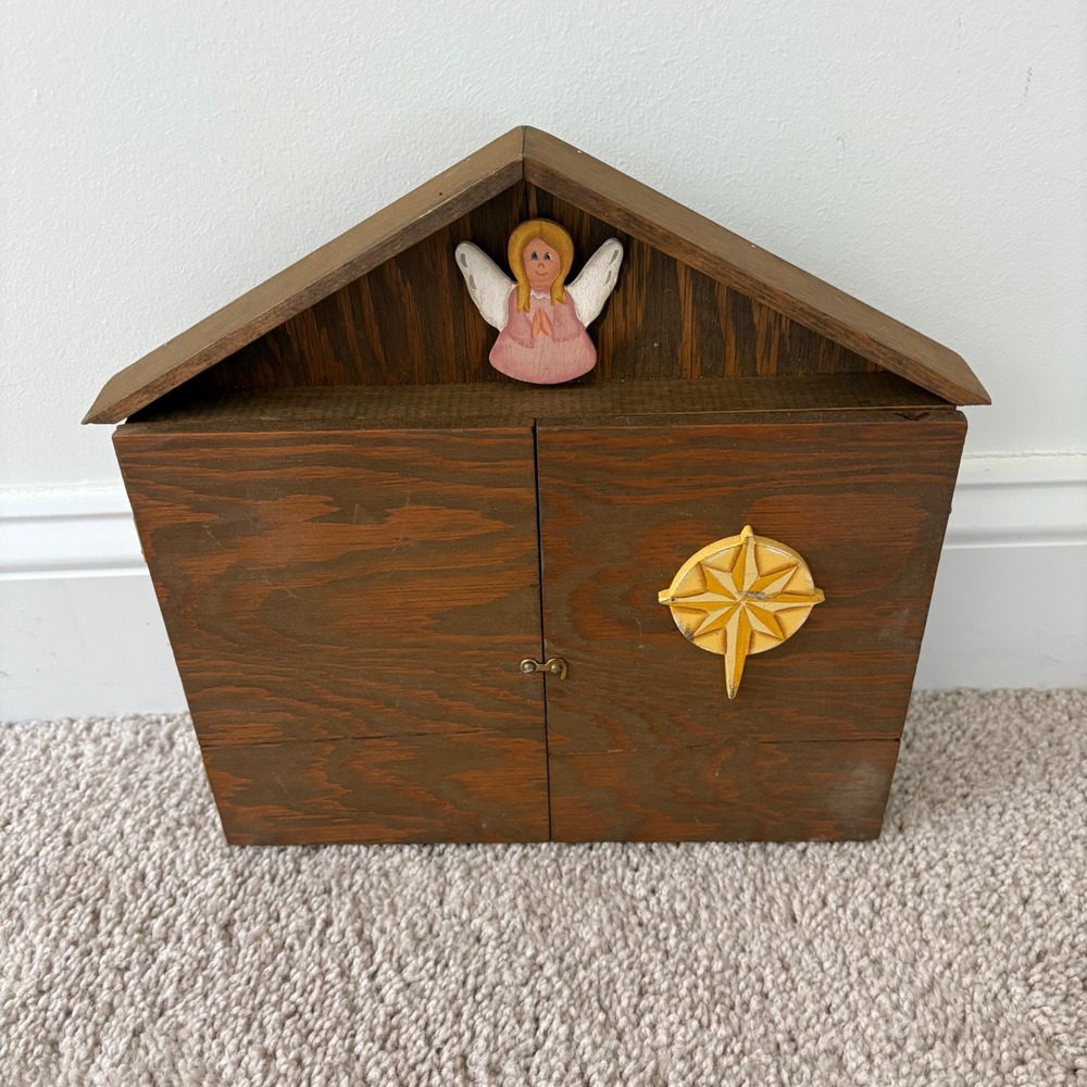 Wooden Nativity Stable Angel Star Decor‎ Christmas Holiday Hinged Display